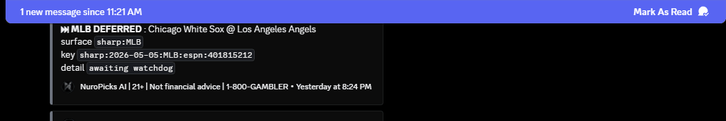Real Discord screenshot — NuroBot CLV captured event in #dev-updates: NBA Philadelphia 76ers @ New York Knicks, sharp:NBA surface, posted -290 to closed -290 to CLV +0.00%, pick id 438, closing hash ff17da407e188564...
